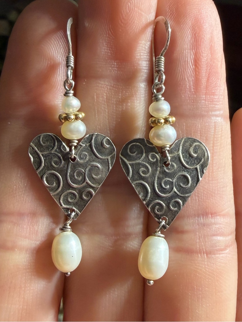 Vintage Handcrafted 925 Sterling Silver Heart Pearl Drop Earrings